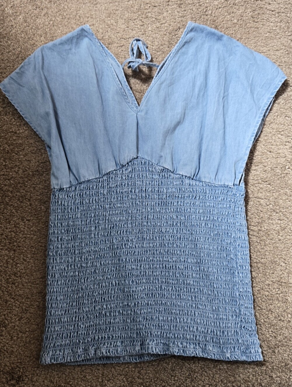 Light Blue Smocked V-Neck Women's Top